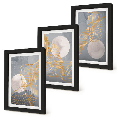 Ensemble de 3 tableaux Motifs abstraits avec des vagues et des cercles sur fond gris