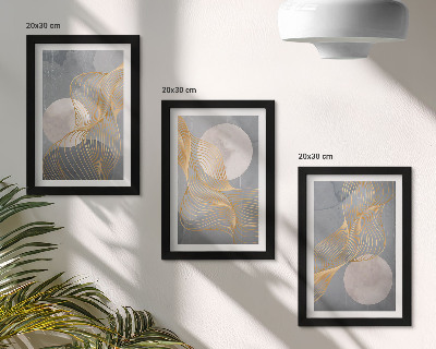 Ensemble de 3 tableaux Motifs abstraits avec des vagues et des cercles sur fond gris