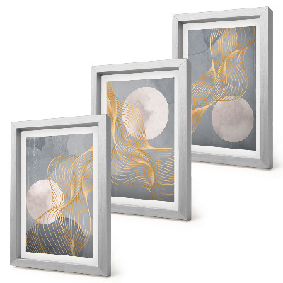 Ensemble de 3 tableaux Motifs abstraits avec des vagues et des cercles sur fond gris