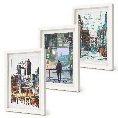 Lot de 3 tableaux villes modernes en couleurs avec silhouette en arrière-plan