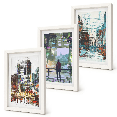Lot de 3 tableaux Villes modernes en couleurs avec une silhouette en arrière-plan