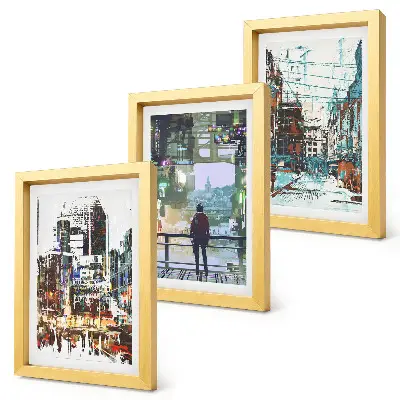 Lot de 3 tableaux villes modernes en couleurs avec silhouette en arrière-plan