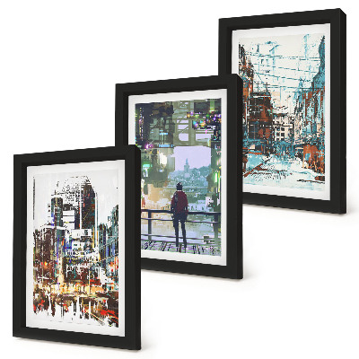 Lot de 3 tableaux Villes modernes en couleurs avec une silhouette en arrière-plan
