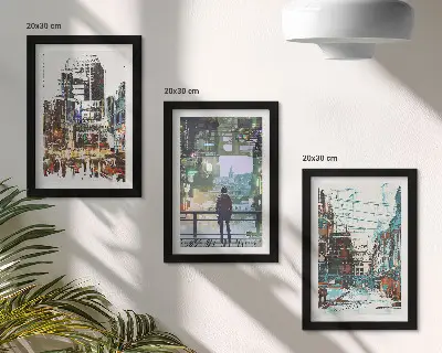 Lot de 3 tableaux villes modernes en couleurs avec silhouette en arrière-plan