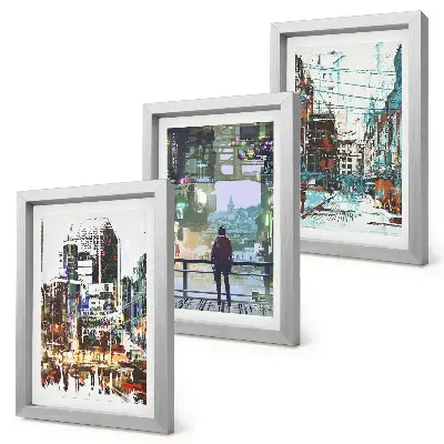 Lot de 3 tableaux villes modernes en couleurs avec silhouette en arrière-plan