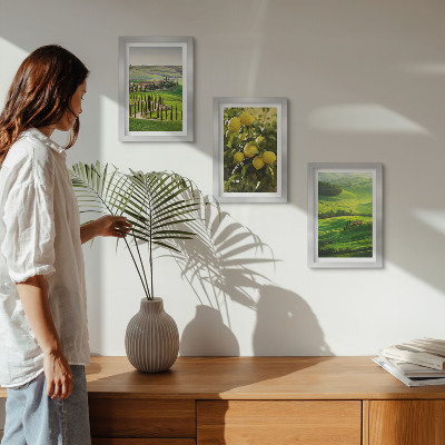 Ensemble de 3 tableaux Paysages italiens avec des agrumes et des collines verdoyantes