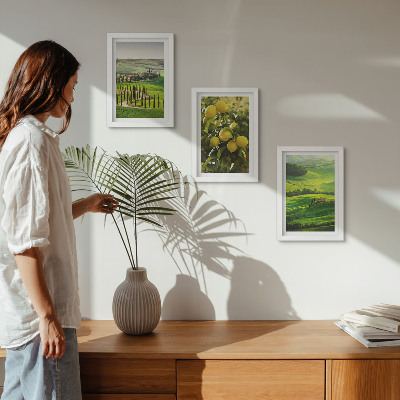 Ensemble de 3 tableaux Paysages italiens avec des agrumes et des collines verdoyantes