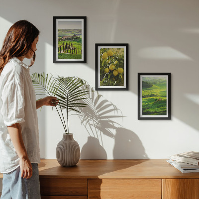 Ensemble de 3 tableaux Paysages italiens avec des agrumes et des collines verdoyantes