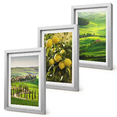 Ensemble de 3 tableaux Paysages italiens avec des agrumes et des collines verdoyantes