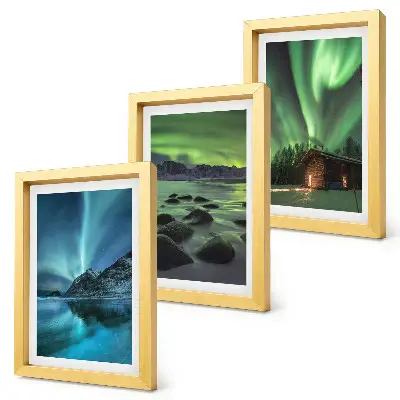 Mur de cadres paysages d'hiver avec aurores boréales au-dessus des montagnes