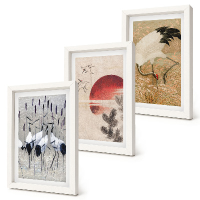 Lot de 3 tableaux Illustrations de grues japonaises dans un paysage japandi
