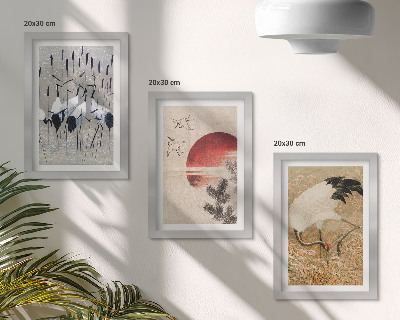 Lot de 3 tableaux Illustrations de grues japonaises dans un paysage japandi