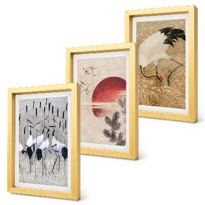 Lot de 3 tableaux Illustrations de grues japonaises dans un paysage japandi