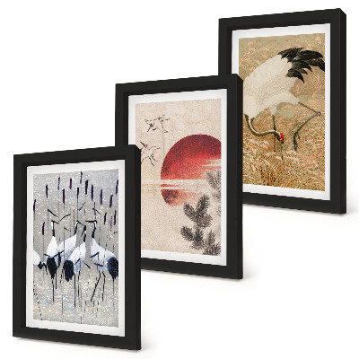 Lot de 3 tableaux Illustrations de grues japonaises dans un paysage japandi
