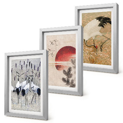 Lot de 3 tableaux Illustrations de grues japonaises dans un paysage japandi