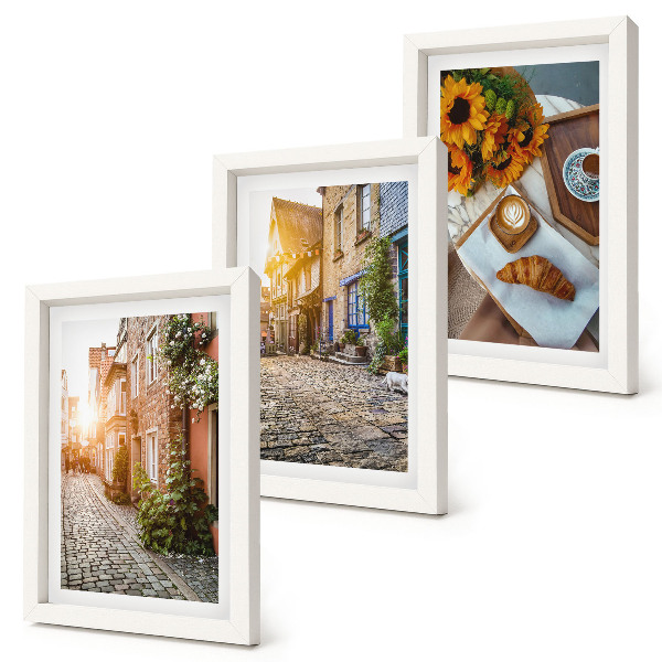 Ensemble de 3 tableaux Des rues charmantes avec du café et des tournesols