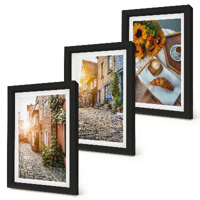 Ensemble de 3 tableaux Des rues charmantes avec du café et des tournesols
