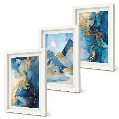 Ensemble de 3 tableaux Montagnes bleues avec des éléments de motifs abstraits