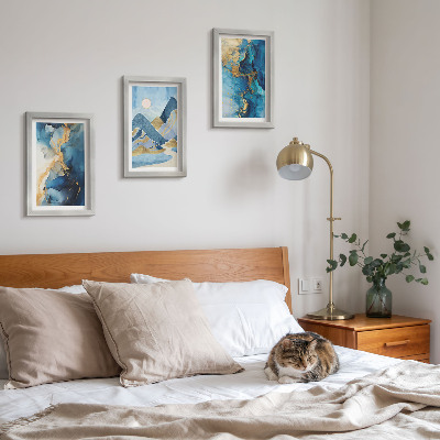 Ensemble de 3 tableaux Montagnes bleues avec des éléments de motifs abstraits