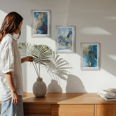Ensemble de 3 tableaux Montagnes bleues avec des éléments de motifs abstraits
