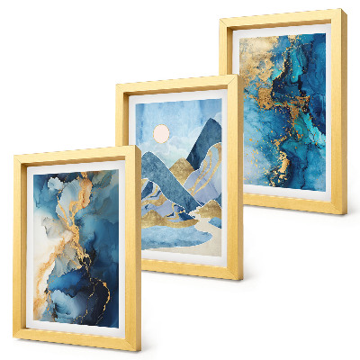 Ensemble de 3 tableaux Montagnes bleues avec des éléments de motifs abstraits