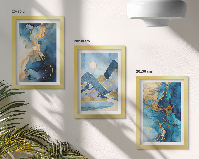 Ensemble de 3 tableaux Montagnes bleues avec des éléments de motifs abstraits