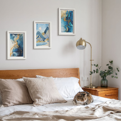 Ensemble de 3 tableaux Montagnes bleues avec des éléments de motifs abstraits