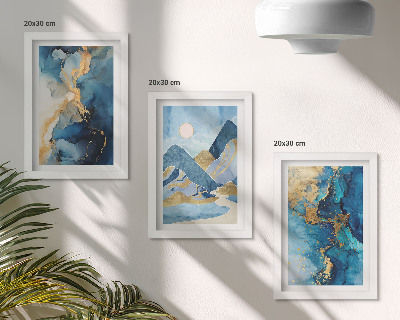 Ensemble de 3 tableaux Montagnes bleues avec des éléments de motifs abstraits