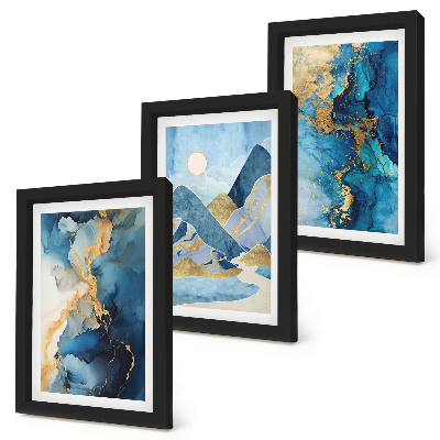 Ensemble de 3 tableaux Montagnes bleues avec des éléments de motifs abstraits