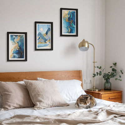 Ensemble de 3 tableaux Montagnes bleues avec des éléments de motifs abstraits