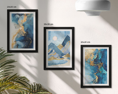 Ensemble de 3 tableaux Montagnes bleues avec des éléments de motifs abstraits