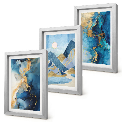 Ensemble de 3 tableaux Montagnes bleues avec des éléments de motifs abstraits