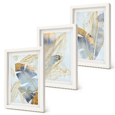 Lot de 3 tableaux Feuilles dans les tons de bleu et de beige sur fond clair