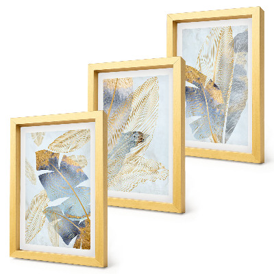 Lot de 3 tableaux Feuilles dans les tons de bleu et de beige sur fond clair