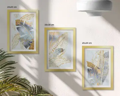 Lot de 3 tableaux feuilles dans les tons bleu et beige sur fond clair