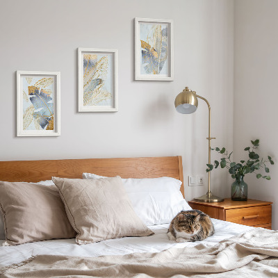 Lot de 3 tableaux Feuilles dans les tons de bleu et de beige sur fond clair