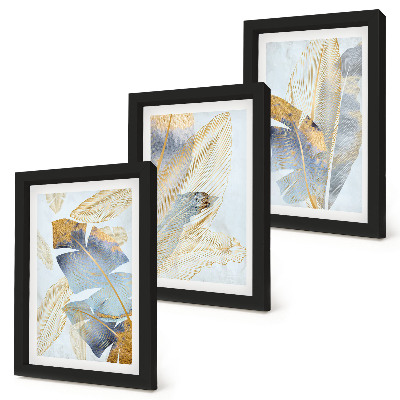 Lot de 3 tableaux Feuilles dans les tons de bleu et de beige sur fond clair