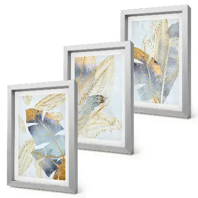 Lot de 3 tableaux feuilles dans les tons bleu et beige sur fond clair