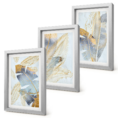 Lot de 3 tableaux Feuilles dans les tons de bleu et de beige sur fond clair