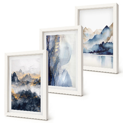 Ensemble de 3 tableaux Paysages de montagne aux tons bleus et gris