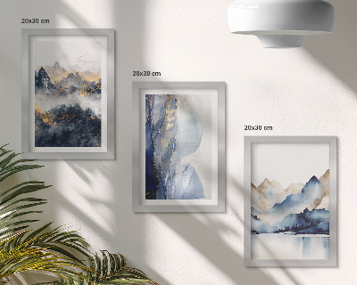 Ensemble de 3 tableaux Paysages de montagne aux tons bleus et gris