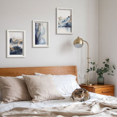 Ensemble de 3 tableaux Paysages de montagne aux tons bleus et gris