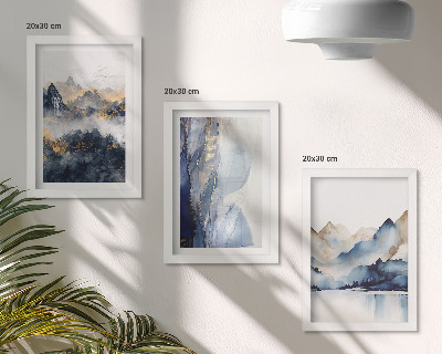 Ensemble de 3 tableaux Paysages de montagne aux tons bleus et gris
