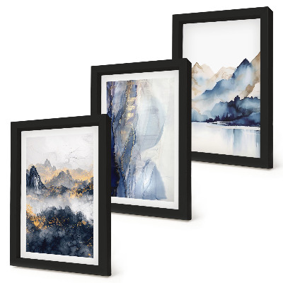 Ensemble de 3 tableaux Paysages de montagne aux tons bleus et gris