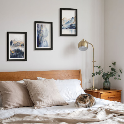 Ensemble de 3 tableaux Paysages de montagne aux tons bleus et gris