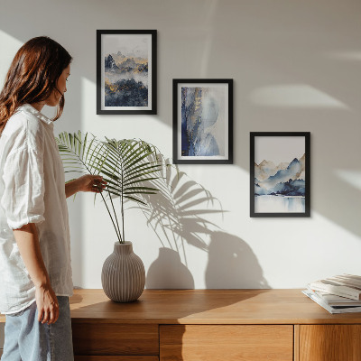 Ensemble de 3 tableaux Paysages de montagne aux tons bleus et gris