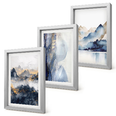 Ensemble de 3 tableaux Paysages de montagne aux tons bleus et gris