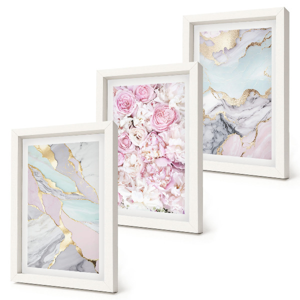 Mur de cadres Fleurs roses aux motifs marbrés et pastel
