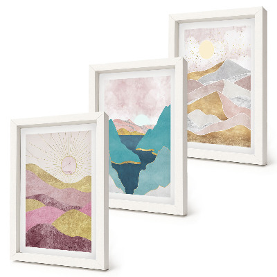 Lot de 3 tableaux Paysages abstraits avec montagnes et soleil