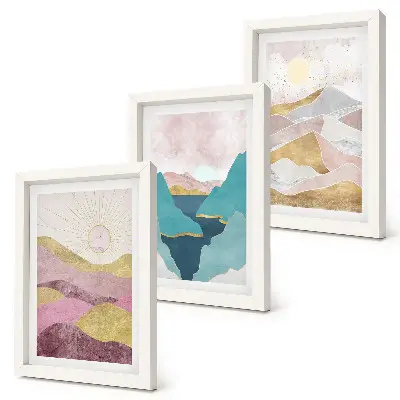 Lot de 3 tableaux représentant des paysages abstraits avec montagnes et soleil